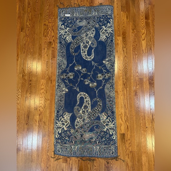 Pashmina blue black and gold silk blend tassel scarf wrap EUC - Picture 1 of 8